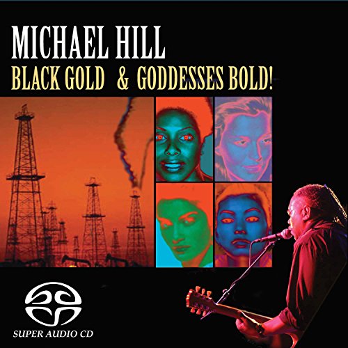 "Michael Hill CD cover featuring a musician and oil rigs with colorful portraits."