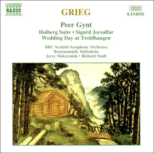 Grieg CD cover featuring a forest scene with a wooden cabin.