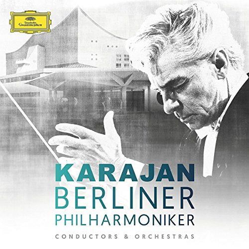 CD cover featuring black-and-white image of Herbert von Karajan conducting with building in background.