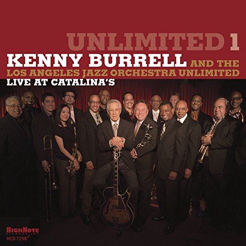 Jazz album cover featuring Kenny Burrell and orchestra with musicians and instruments.