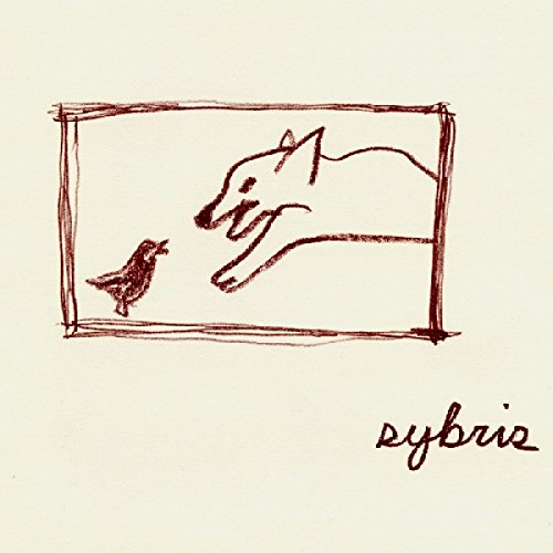 A simple red illustration of a dog and bird on a beige background.