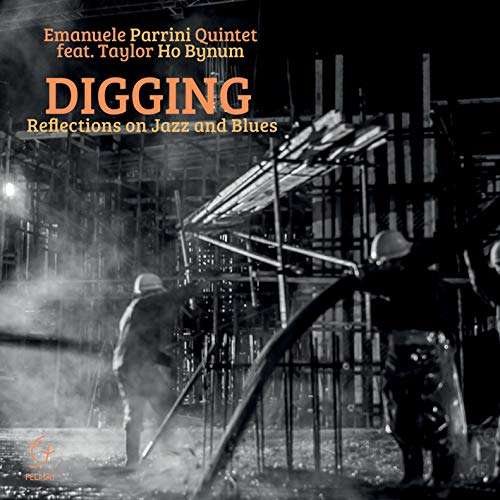 "Album cover with black-and-white construction workers image and orange text."