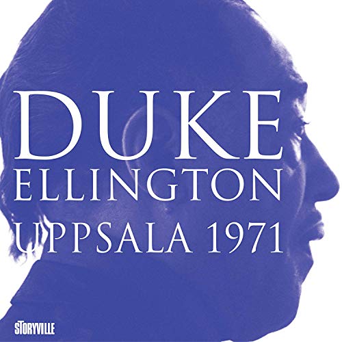 "Blue-toned profile of Duke Ellington on a white background with white text."