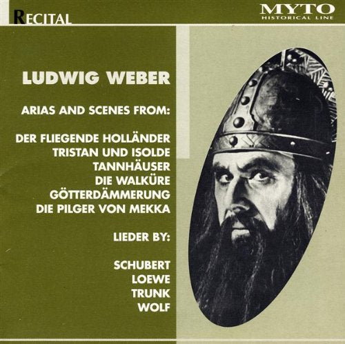 "CD cover with Ludwig Weber's portrait and opera titles on olive green background."