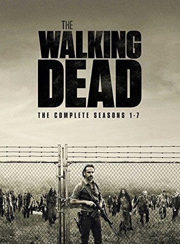 "The Walking Dead Seasons 1-7 DVD cover featuring Rick Grimes and zombies behind a fence."