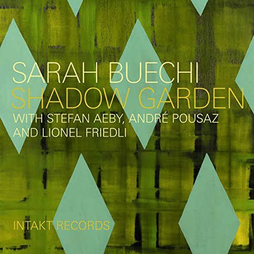 A green-toned album cover with the title "Shadow Garden" and artist name Sarah Buechi, featuring a geometric pattern.