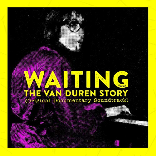 "Album cover with man playing piano, yellow and pink accents on black background."