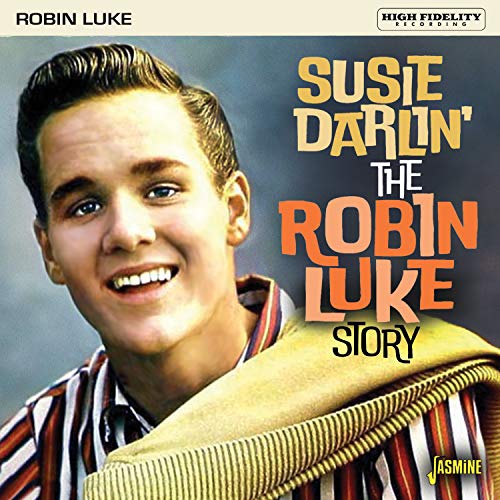 "CD cover featuring Robin Luke, a smiling man with a striped shirt and chair."