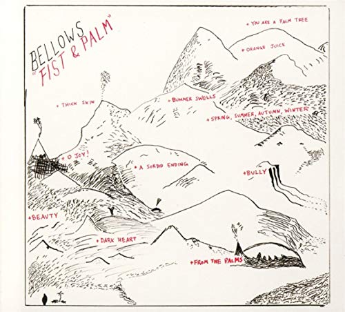 "Album cover featuring a black and white mountain landscape illustration with red text annotations."