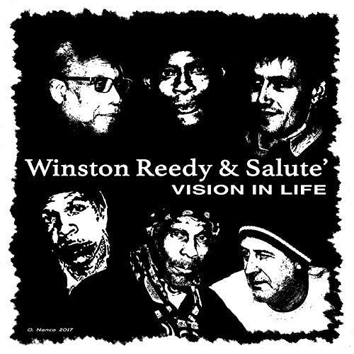 Black and white album cover with five men's portraits and torn edge effect.