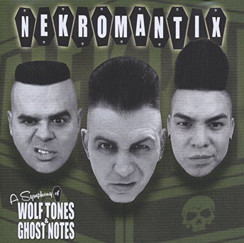 "Album cover featuring three men's faces and coffins with a green background."