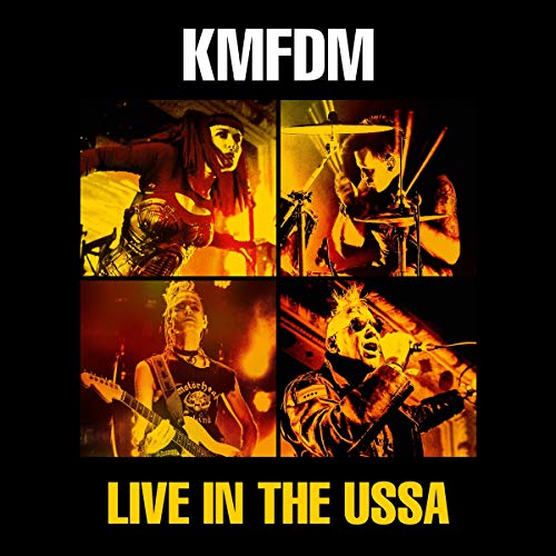 The image is a CD cover featuring a band performing on stage. Alt text: KMFDM album cover with four band members performing on stage.