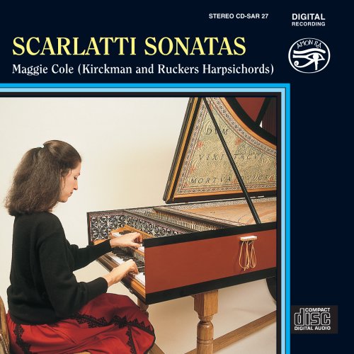 CD cover featuring a woman playing a harpsichord, with "Scarlatti Sonatas" title.