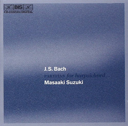 Blue CD cover with white and black text, featuring J.S. Bach's Partitas for harpsichord.