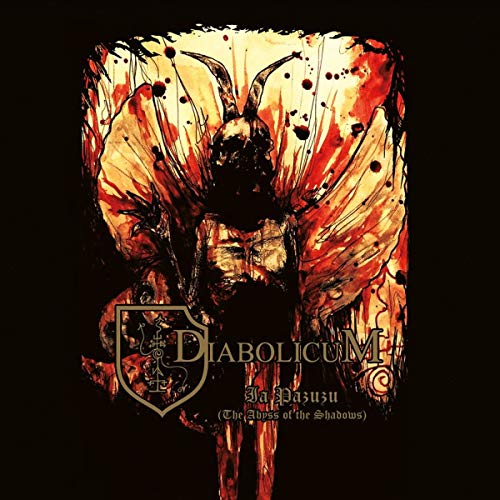 Album cover with a dark figure and wings, splattered with red paint on a black background.