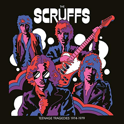 Vinyl album cover with cartoon illustration of a four-member band on a black background.