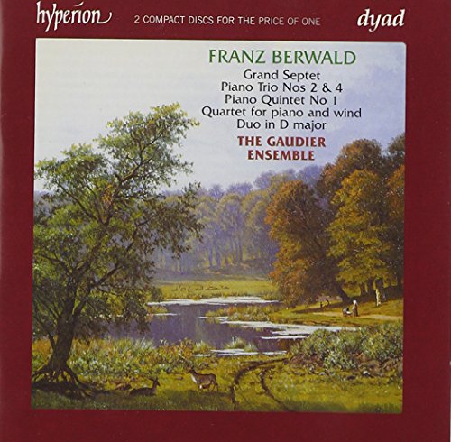 Red CD cover with a serene forest landscape painting and musical composition details.
