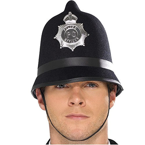 Man wearing a black felt police hat with a silver badge on the front.