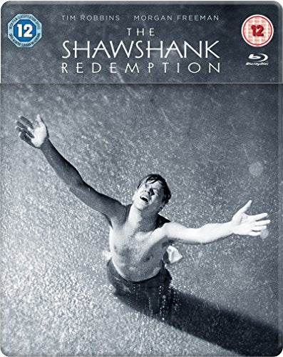 "The Shawshank Redemption Blu-ray cover featuring a man standing in water with outstretched arms."