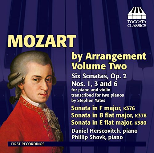 CD cover featuring Mozart portrait, piano keys, and text on dark blue background.