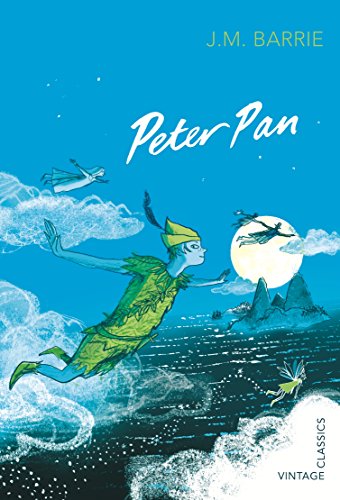 "Book cover featuring Peter Pan flying over the sea with a full moon."