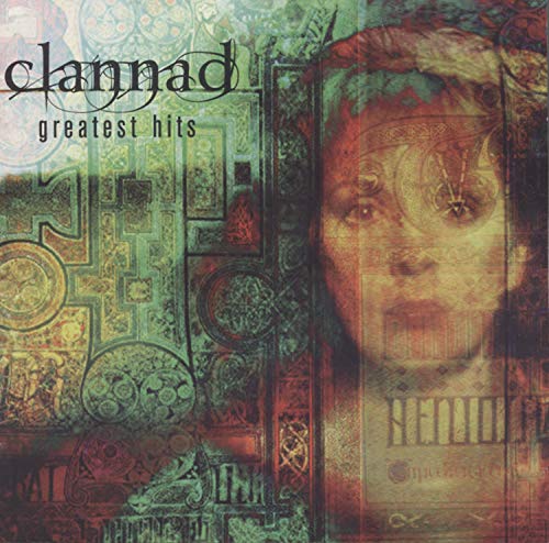 "Album cover with a woman's face and Celtic-inspired designs, titled 'Clannad greatest hits'."