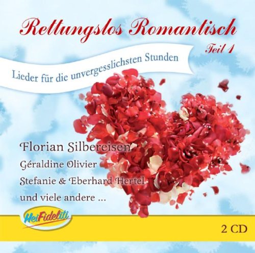 "CD cover with red rose heart on blue background, titled 'Rettungslos Romantisch'."