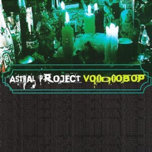 The image depicts a CD cover with a dark, mystical atmosphere. Alt text: "CD cover with candles, voodoo dolls, and 'Astral Project Voodoo Bop' text."