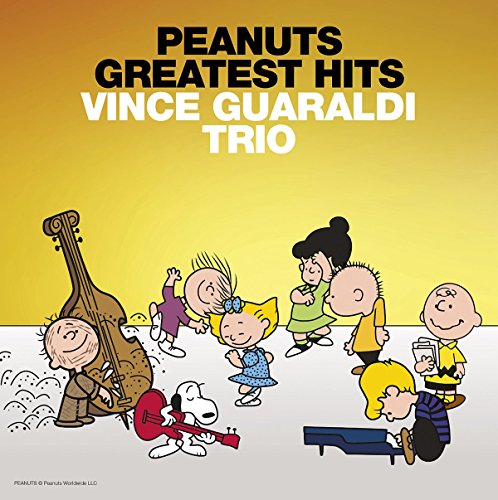"CD cover with Peanuts characters playing instruments against a yellow and grey background."