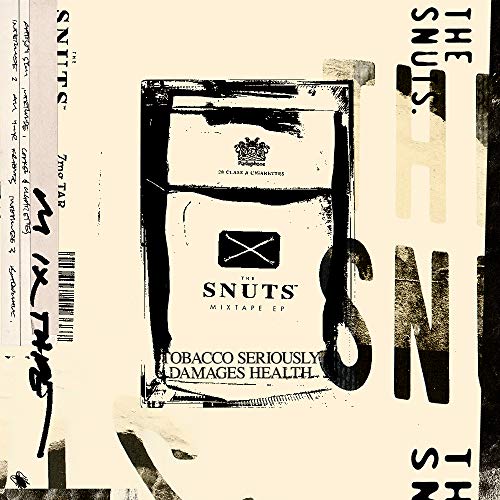 A vinyl record cover featuring a cigarette pack with "The Snuts" branding and text.