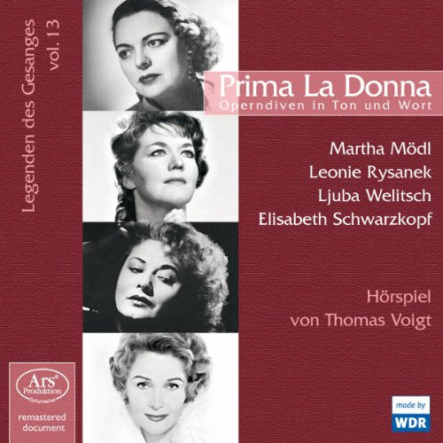 Red album cover with four black and white opera singer portraits and white text.