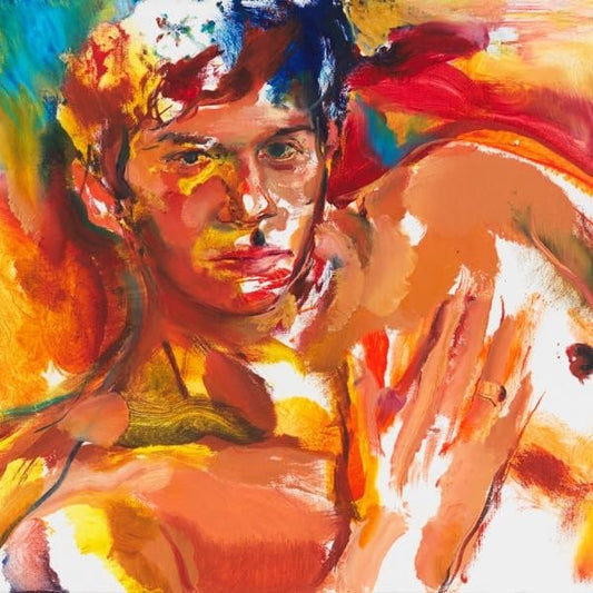 An impressionistic oil painting of a person's face and hand in vibrant, warm colors.