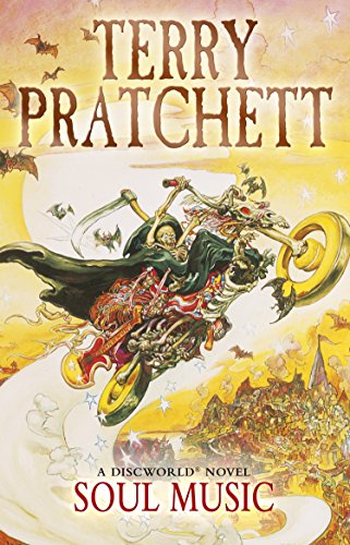 The image depicts the cover of "Soul Music" by Terry Pratchett. "Book cover with Death riding a guitar, surrounded by musical notes and stars."
