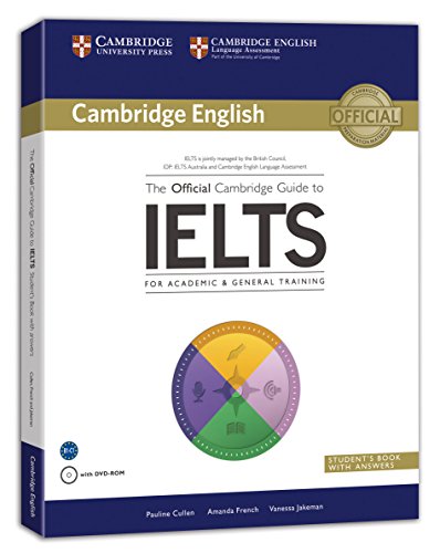"White book with blue and gold accents, titled 'The Official Cambridge Guide to IELTS'."
