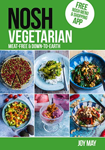 "Green cookbook cover with 'NOSH VEGETARIAN' title and six images of vegetarian dishes."