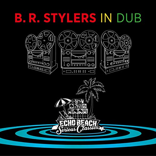 "Album cover with reel-to-reel tapes, palm tree, and concentric blue circles on black background."