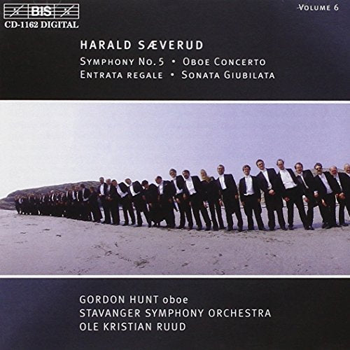 CD cover featuring a line of men in suits on a beach.
