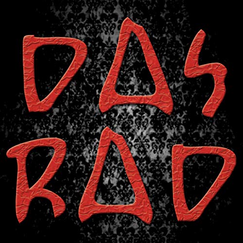 The image shows the title "Das Rad" in red, cracked letters on a black background. Alt text: Red, cracked letters spelling "Das Rad" on a black, speckled background.
