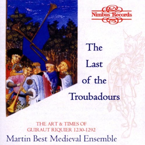 "CD cover with medieval musicians illustration, text 'The Last of the Troubadours' and 'Martin Best'."