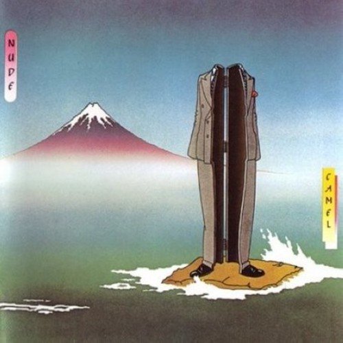 A suit stands on a wooden platform, surrounded by water, with a mountain in the background.