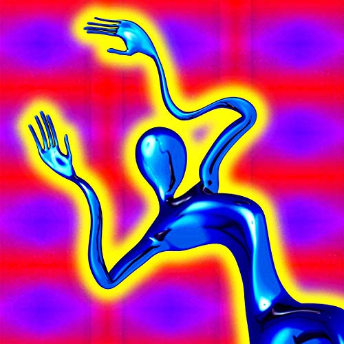 The image depicts a blue, abstract figure with fork-like hands against a red and purple background.