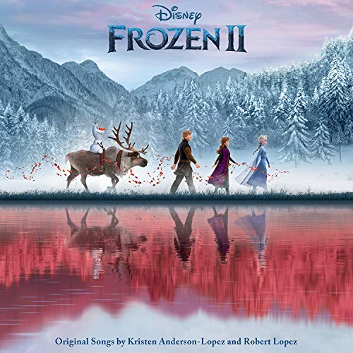 "Frozen 2 soundtrack vinyl cover featuring Elsa, Anna, and Kristoff in a snowy landscape."