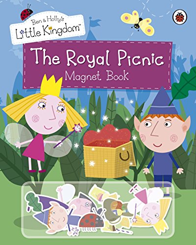 "Children's book cover featuring a princess, elf, and picnic basket with cartoon magnets below."