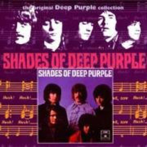 "Purple album cover with 'Shades of Deep Purple' text and band members' portraits."