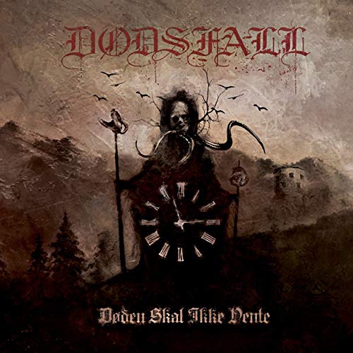 "Dodsfall album cover featuring a grim reaper with clockwork torso in a dark landscape."