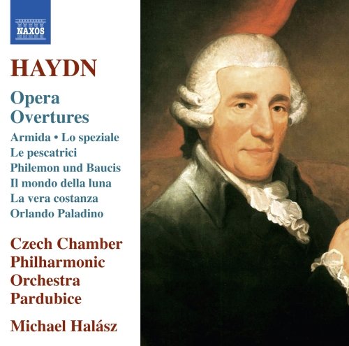 "CD cover with portrait of Haydn and text listing operas and orchestra."