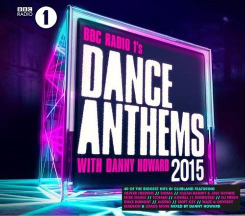 "CD cover with 'Dance Anthems 2015' text, neon-lit cube, and BBC Radio 1 logo."