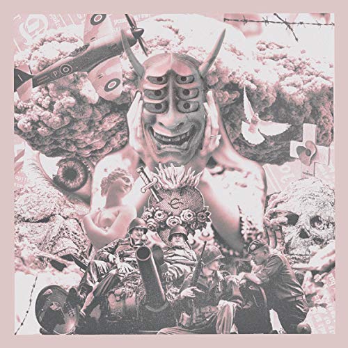The image depicts a vinyl record cover with a collage of various surreal images. Alt text: Collage of a demon, soldiers, and symbolic objects on a pink background.