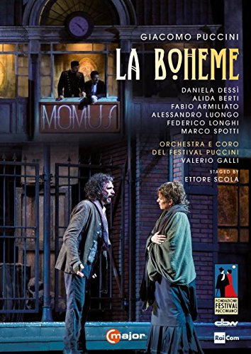 "DVD cover for 'La Boheme' showing two actors on stage in period attire."