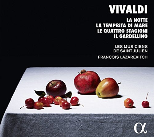 A CD cover featuring a table with fruit and white text on a black background.
